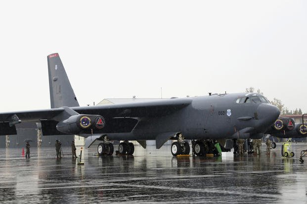A U.S. Air Force B-52 bomber is parked at an air base in Cheongju, South Korea.