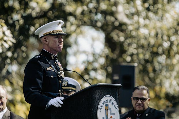 Commandant of the Marine Corps Gen. Eric M. Smith addresses attendees at the 40th Beirut Memorial Observance Ceremony at Lejeune Memorial Gardens in Jacksonville, North Carolina.