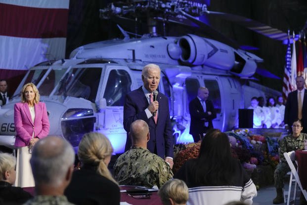 The Bidens Start Thanksgiving Early by Serving Dinner and Showing ‘Wonka’ to Service Members