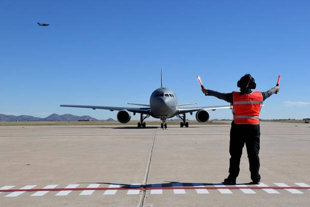 “The Spirit of the Mighty 97th,” a KC-46 Pegasus assigned to the 97th Air Mobility Wing, taxis out in preparation for takeoff October 30, 2020, at Altus Air Force Base, Oklahoma.