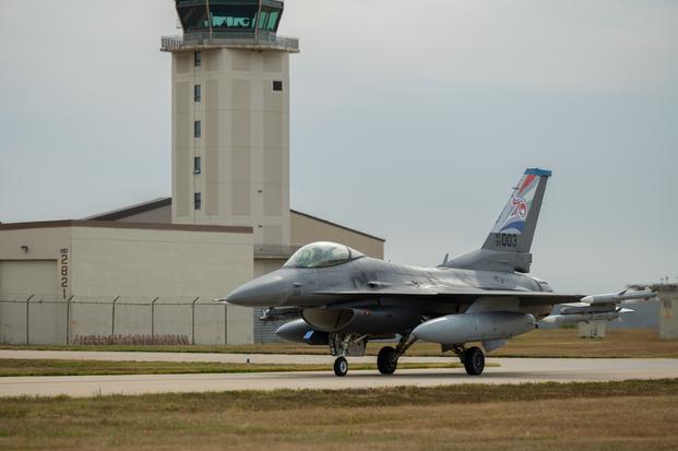 A U.S. Air Force F-16 Fighting Falcon from the 35th Fighter Squadron taxis on the runway upon mission return at Kunsan Air Base, Republic of Korea, Oct. 22, 2023.