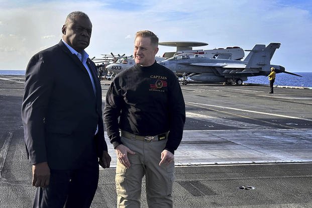 US Defense Secretary Defends Israel in Unannounced Visit to USS Gerald R Ford