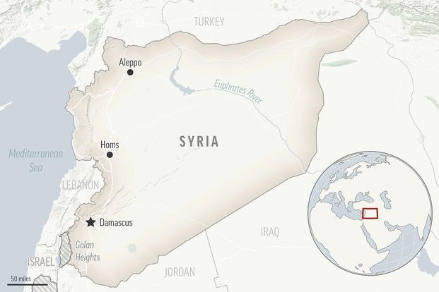 This is a locator map for Syria with its capital, Damascus. 