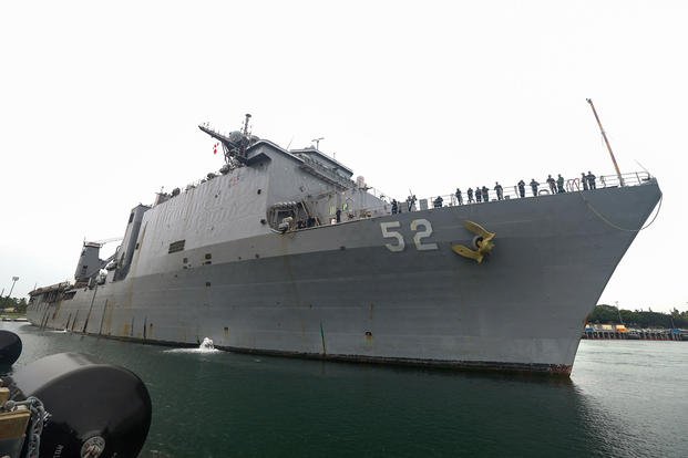 Harpers Ferry-class dock landing ship USS Pearl Harbor pulls into Joint Base Pearl Harbor Hickam