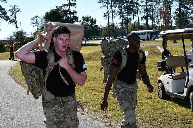 Third Infantry Division soldiers participate in the 4-mile ruck-march during the U.S. Army Special Operations Challenge at Fort Stewart, Georgia, Nov. 20, 2019.