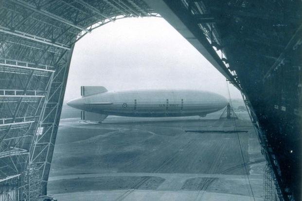 The USS Macon is viewed from a camera inside a hangar in 1934. (U.S. Navy photo)