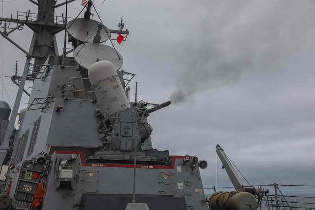 USS Gravely fires a close-in weapons system