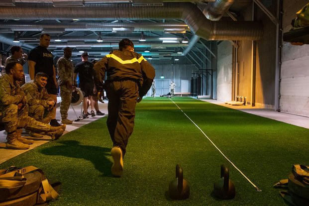 Sprint-Drag-Carry exercise of the Army Combat Fitness Test at Mihail Kogalniceanu Air Base, Romania