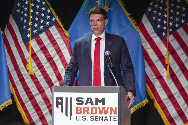 Republican senatorial candidate Sam Brown speaks at an election night party
