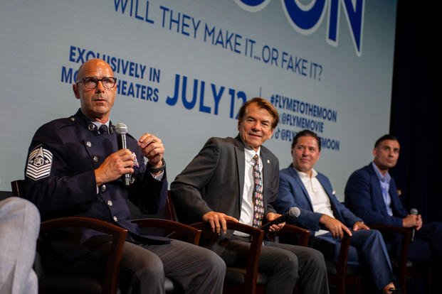 Chief Master Sergeant of the Space Force John Bentivegna speaks on a panel at the ‘Fly Me to the Moon’ film premiere in Washington, D.C.