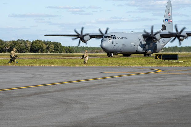 U.S. Air Force airmen assigned to the 823rd Base DefenseA C-130J Super Hercules taxis during Mosaic Tiger 22-1 at Avon Park Air Force Range, Florida.