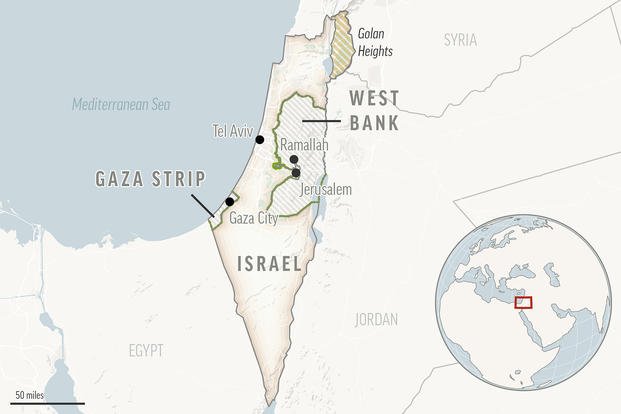 This is a locator map of Israel and the Palestinian Territories. 