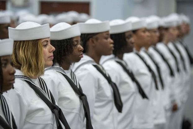 Graduating sailors stand in ranks