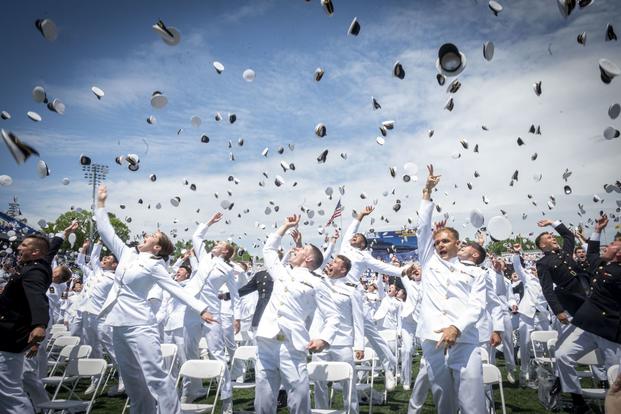 ANNAPOLIS, Md. (May 24, 2024) Newly commissioned Navy and Marine Corps officers throw their midshipmen covers in celebration during the U.S. Naval Academy Class of 2024 graduation ceremony, May 24, 2024. (Mass Communication Specialist 3rd Class William Bennett IV/Navy)