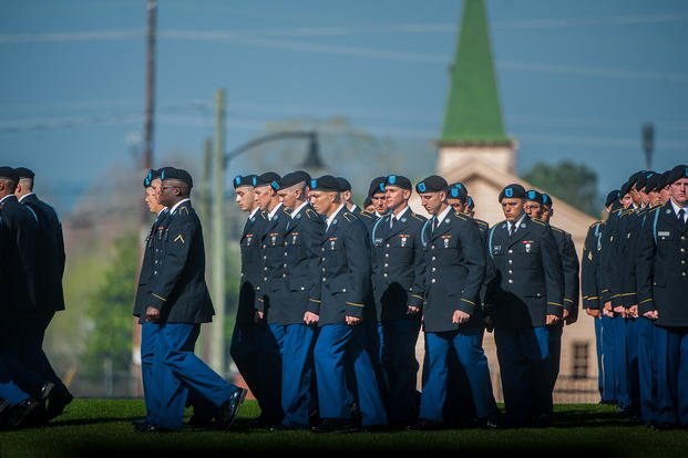 U.S. Army soldiers march across Inouye Parade Field for their Initial Entry Training (IET) graduation ceremony.