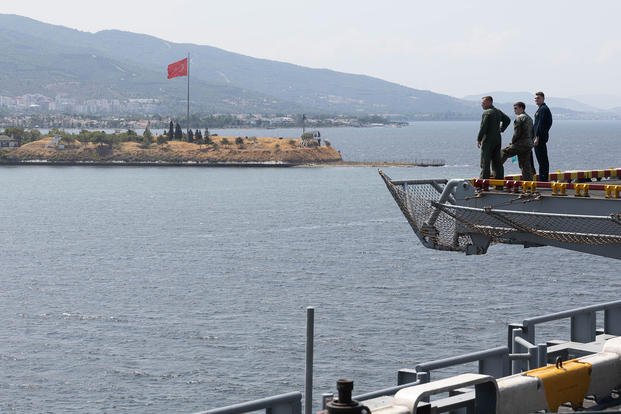 The amphibious assault ship USS Wasp (LHD 1) transits into Izmir, Turkey, Sept. 1, 2024, for a scheduled port visit.