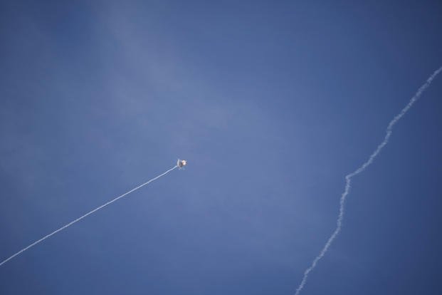 Israeli Iron Dome air defense system fires to intercept a rocket fired from Lebanon