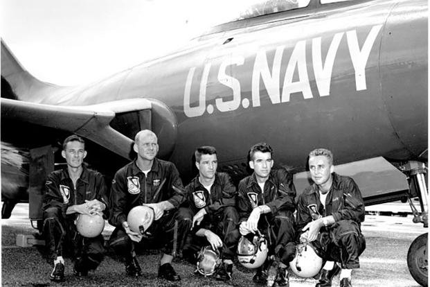 Lt. Cmdr. Roy M. ‘Butch’ Voris (2nd from left) is shown during the early 1950s in his 2nd stint as commander of the Blue Angels flight demonstration squadron. Also shown (from left) are Lt. Tom Jones, Lt. Pat Murphy, Lt. ‘Mac’ MacNight and Lt. Bud Rich. 