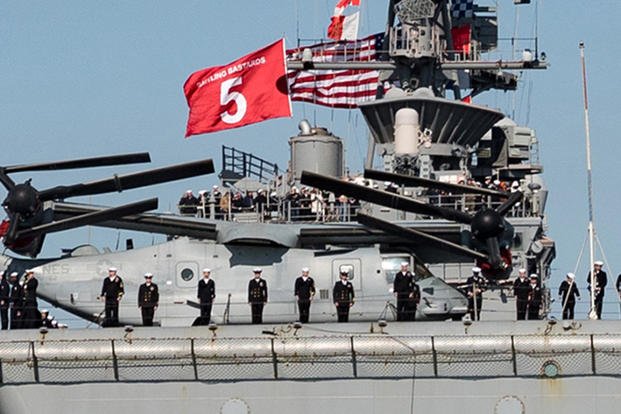 The Wasp-class amphibious assault ship USS Bataan (LHD 5) returns to Naval Station Norfolk.