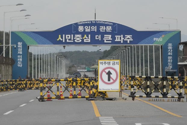 Barricades are placed near the Unification Bridge, which leads to the Panmunjom in the Demilitarized Zone in Paju