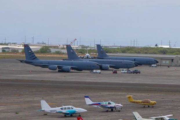 KC-135 Stratotankers based out of New Jersey, Washington and Maryland are parked in Kalaeloa Airport