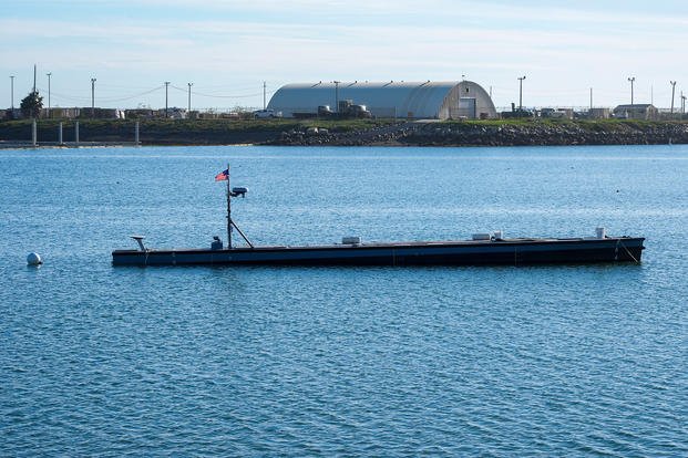 An Autonomous Low-Profile Vessel stands by at the Del Mar Boat Basin