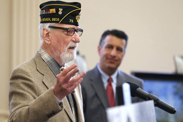 Pearl Harbor survivor Charles Sehe speaks at the USS Nevada Centennial Ceremony in 2016. 