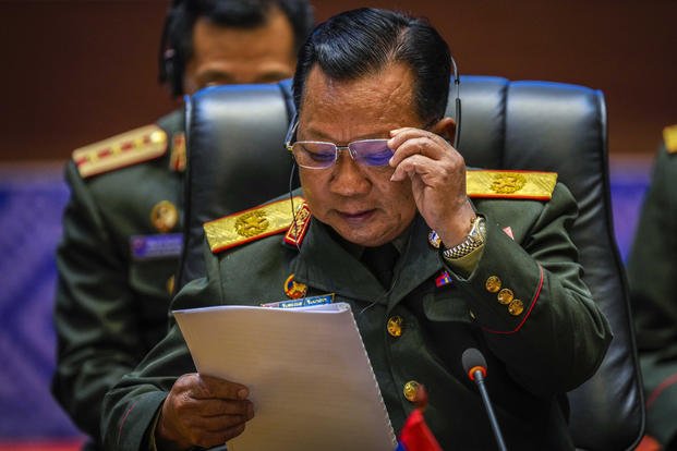 Laos' Defence Minister Chansamone Chanyalath addresses the ASEAN Defence Ministers' informal Meeting