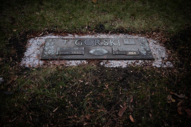 World War II veteran Edward Gorski Jr., who died in 1993 of a heart attack, is buried at Elm Lawn Memorial Park in Elmhurst, Illinois. 