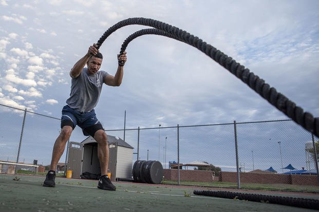 Master Sgt. Jamion Speed, 7th Wing Staff Agencies first sergeant, exercises using ‘battle ropes’ during an Alpha Warrior course demonstration at Dyess Air Force Base, Texas.