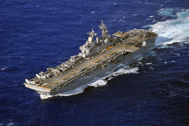 The amphibious assault ship USS Boxer, flagship of the Boxer Amphibious Ready Group, is underway during a scheduled deployment to the western Pacific Ocean.