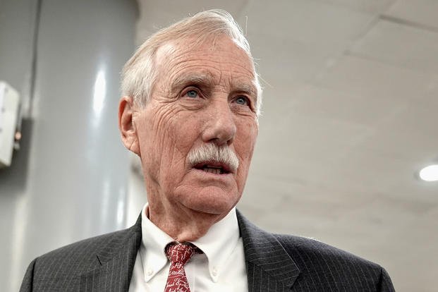 Sen. Angus King, I-Maine, speaks with reporters at the Senate subway on Capitol Hill, March 12, 2024, in Washington. 