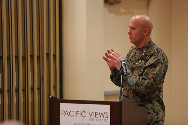 Lt. Gen. David H. Berger, the I Marine Expeditionary Force commanding general, speaks at the U.S. Chamber of Commerce Foundation Hiring Our Heroes program seminar aboard Marine Corps Base Camp Pendleton, Calif.