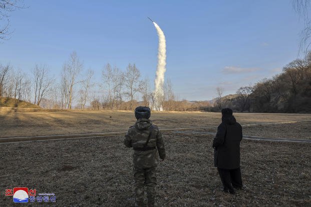 North Korean leader Kim Jong Un inspects testing of sea-to-surface strategic cruise guided weapons.