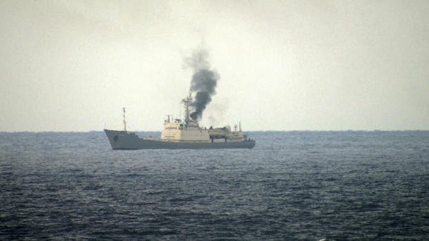 Smoke rising from a fire aboard the Russian spy ship Kildin off the coast of Syria.