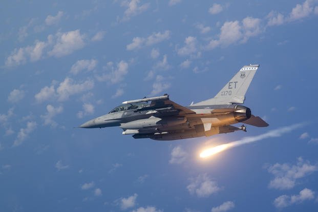 An F16-D Fighting Falcon pilot from the 40th Flight Test Squadron demonstrates proper flare technique during a training mission near Eglin Air Force Base, Florida.