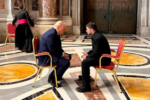 Ukraine's President Volodymyr Zelenskyy, right, and President Donald Trump, talk