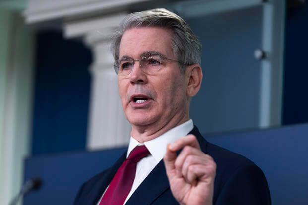 Treasury Secretary Scott Bessent, speaks to reporters in the James Brady Press Briefing Room