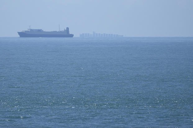 Ships move through the Taiwan Strait as seen from the 68-nautical-mile scenic spot