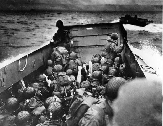 U.S. Coast Guard landing barge at Normandy, France during D-Dy invasion.