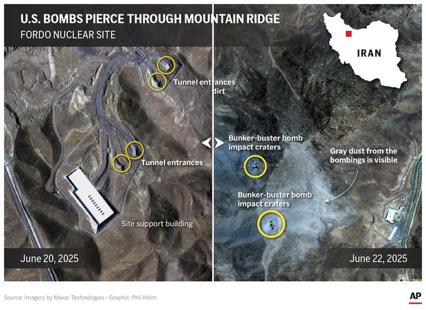 The image above is a frame grab of a before and after interactive slider that compares Iran's Fordo nuclear facility before and after the U.S. bombed the site.