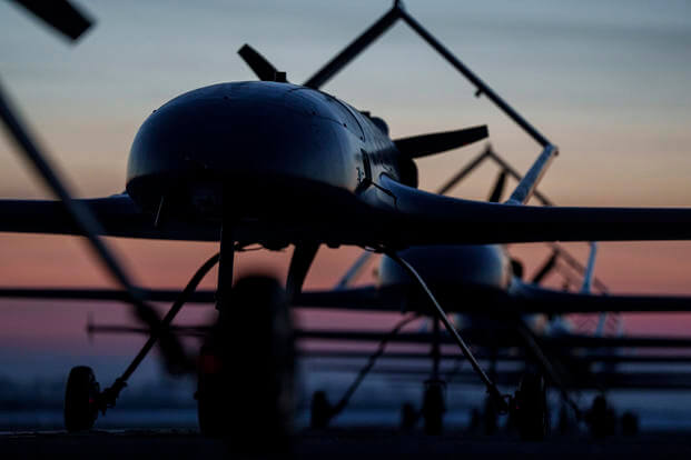 Long-range drones An-196 Liutyi of the Defence Intelligence of Ukraine stand in line before takeoff in undisclosed location, Ukraine