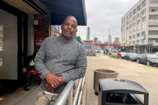 Darryl Chavis, 62, served in the U.S. Army for 2 years as a watercraft operator. He stands outside the Borden Avenue Veterans Residence, a short-term housing facility in the Long Island City neighborhood of Queens, N.Y., where he lives.