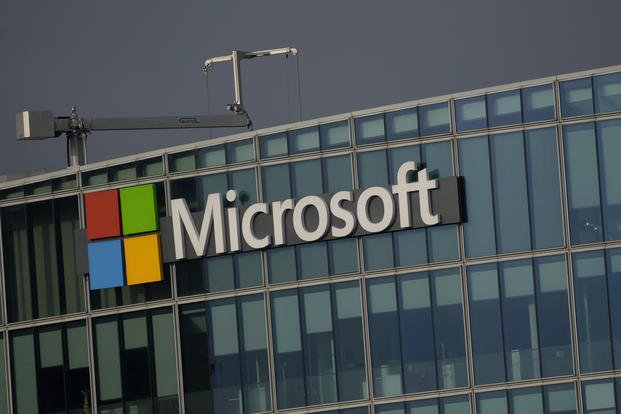  The logo of Microsoft is seen outside its French headquarters in Issy-les-Moulineaux, outside Paris