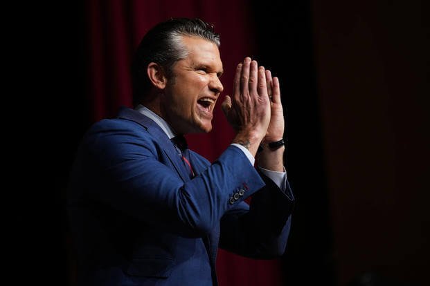 Secretary of Defense Pete Hegseth speaks to senior military leaders at Marine Corps Base Quantico