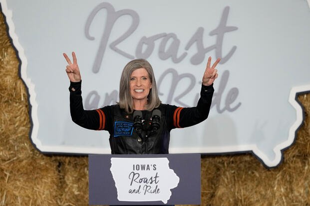 Sen. Joni Ernst, R-Iowa, speaks during Iowa's Roast and Ride, Saturday, Oct. 11, 2025, in Des Moines, Iowa. (AP Photo/Charlie Neibergall)