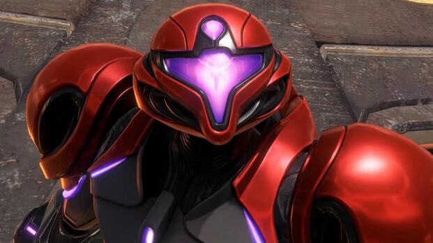 Close-up shot of Samus in a red suit in Metroid Prime 4
