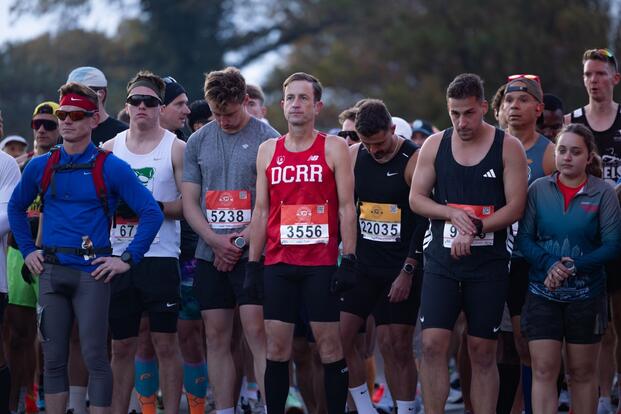 Marathon participants line up.