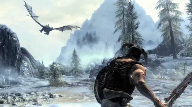 Skyrim character fighting dragon