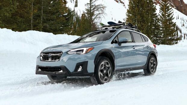 2020 Subaru Crosstrek Blue Front Angled View Snow Driving